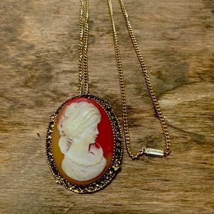 Vintage Cameo Necklace w/ pin on german Gold Tone Chain